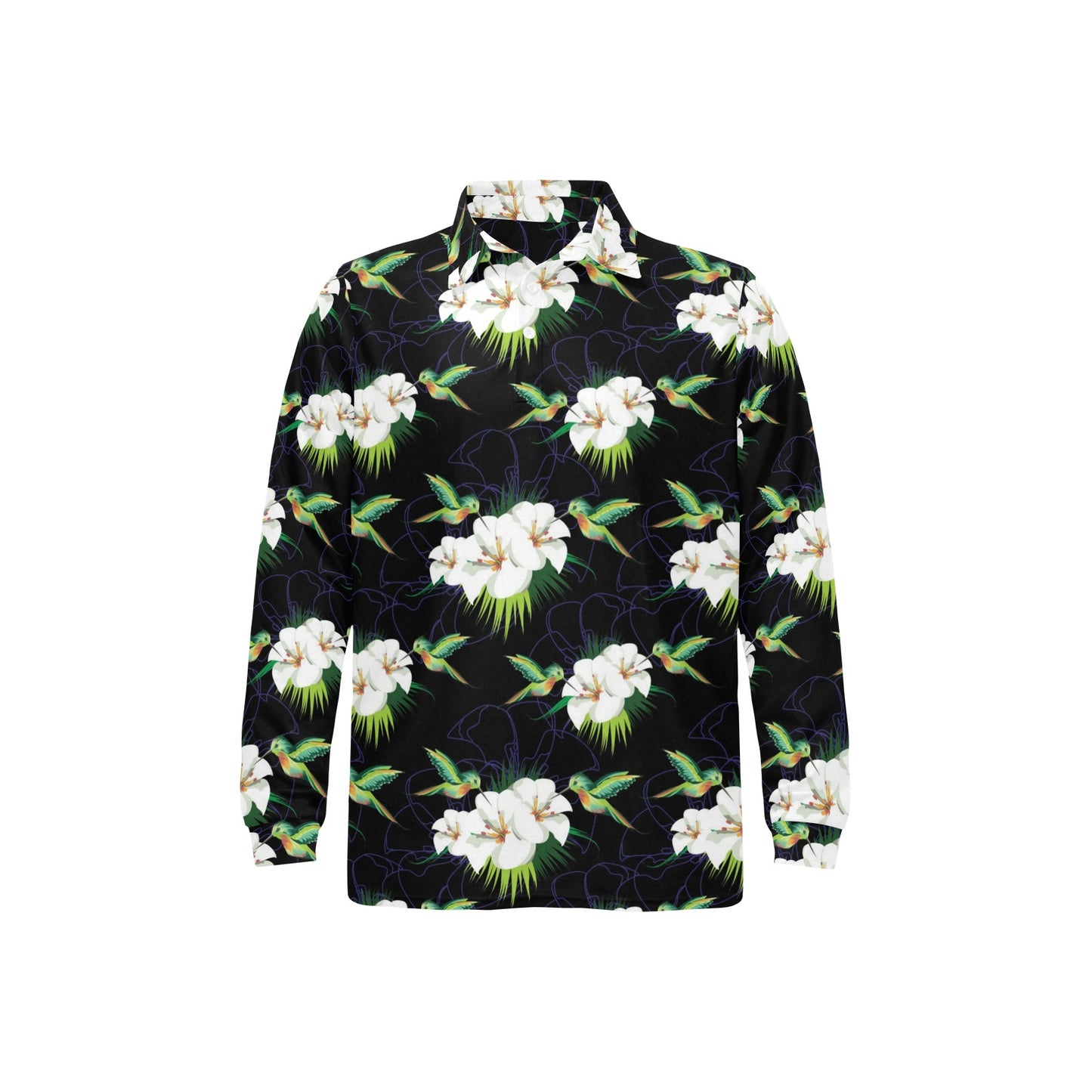 Hummingbird with Flower Pattern Print Design 03 Long Sleeve Polo Shirt For Men's