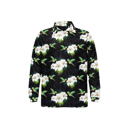Hummingbird with Flower Pattern Print Design 03 Long Sleeve Polo Shirt For Men's