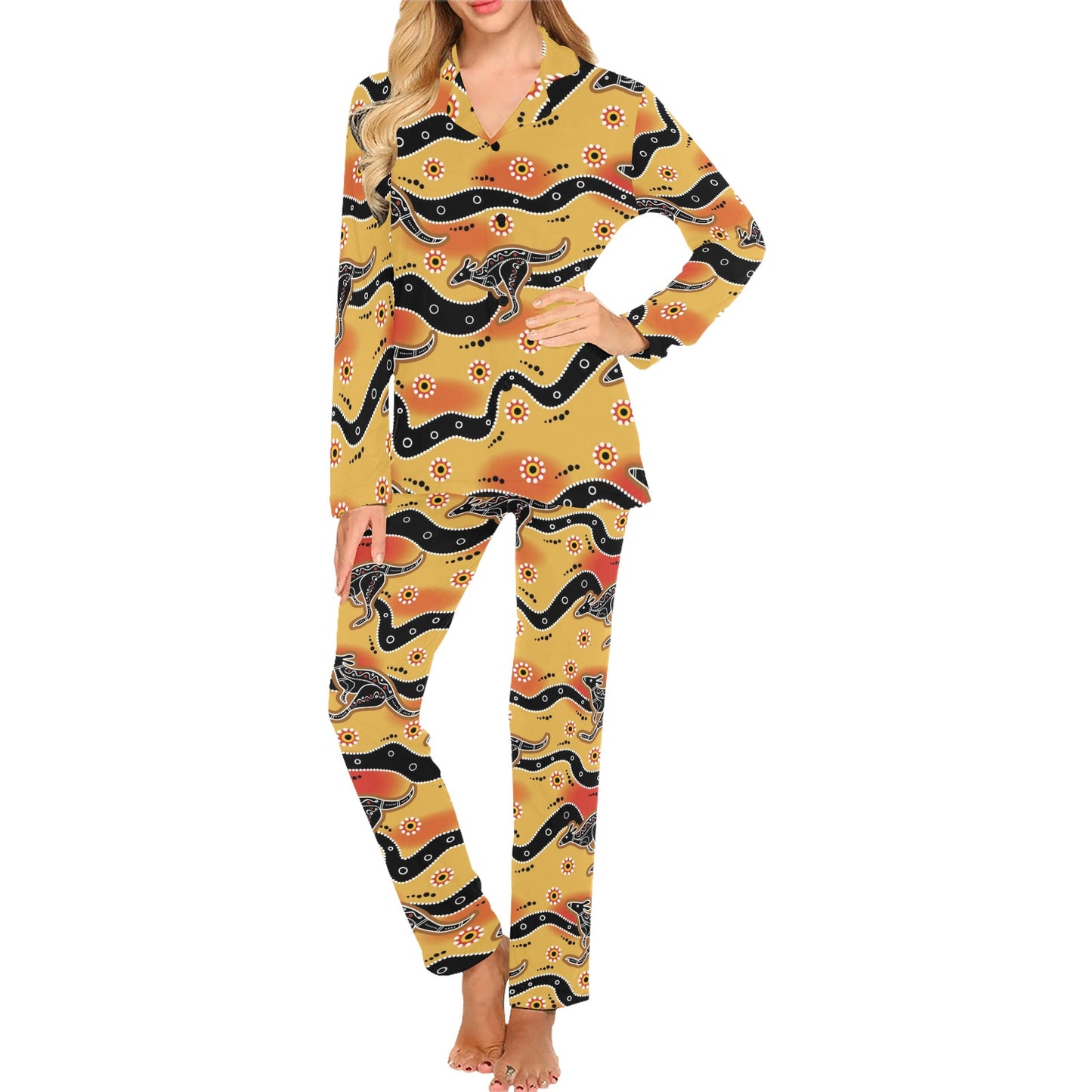 Kangaroos Aboriginal Pattern Print Design 06 Women's Long Pajama Set