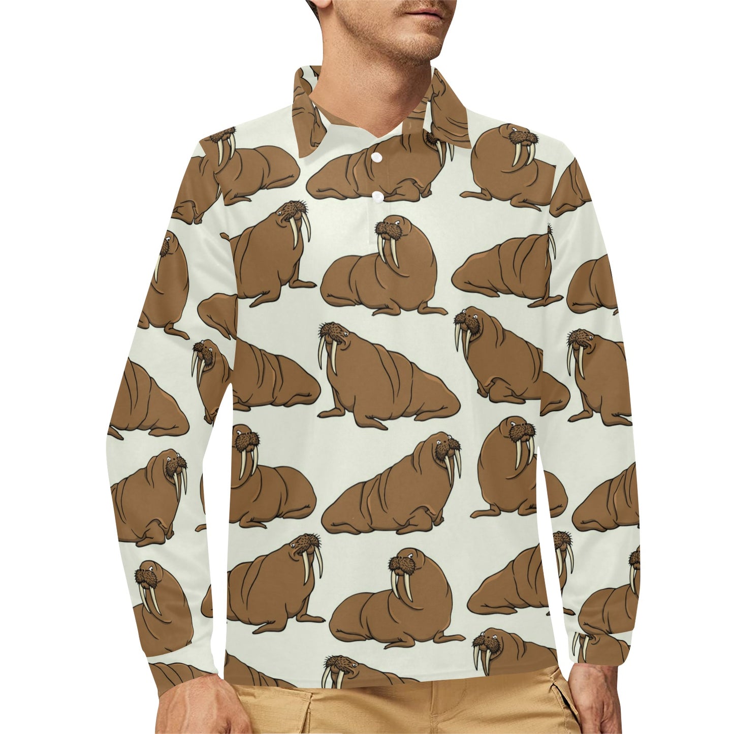 Walrus Pattern Print Design 03 Long Sleeve Polo Shirt For Men's