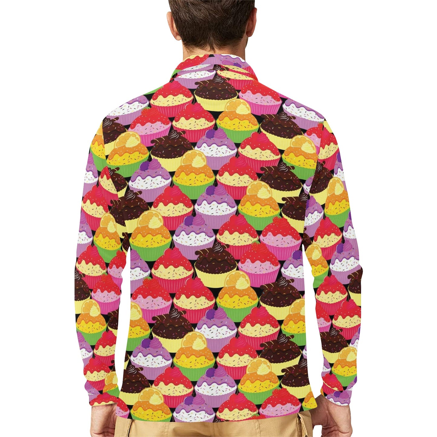 Cupcake Pattern Print Design CP02 Long Sleeve Polo Shirt For Men's