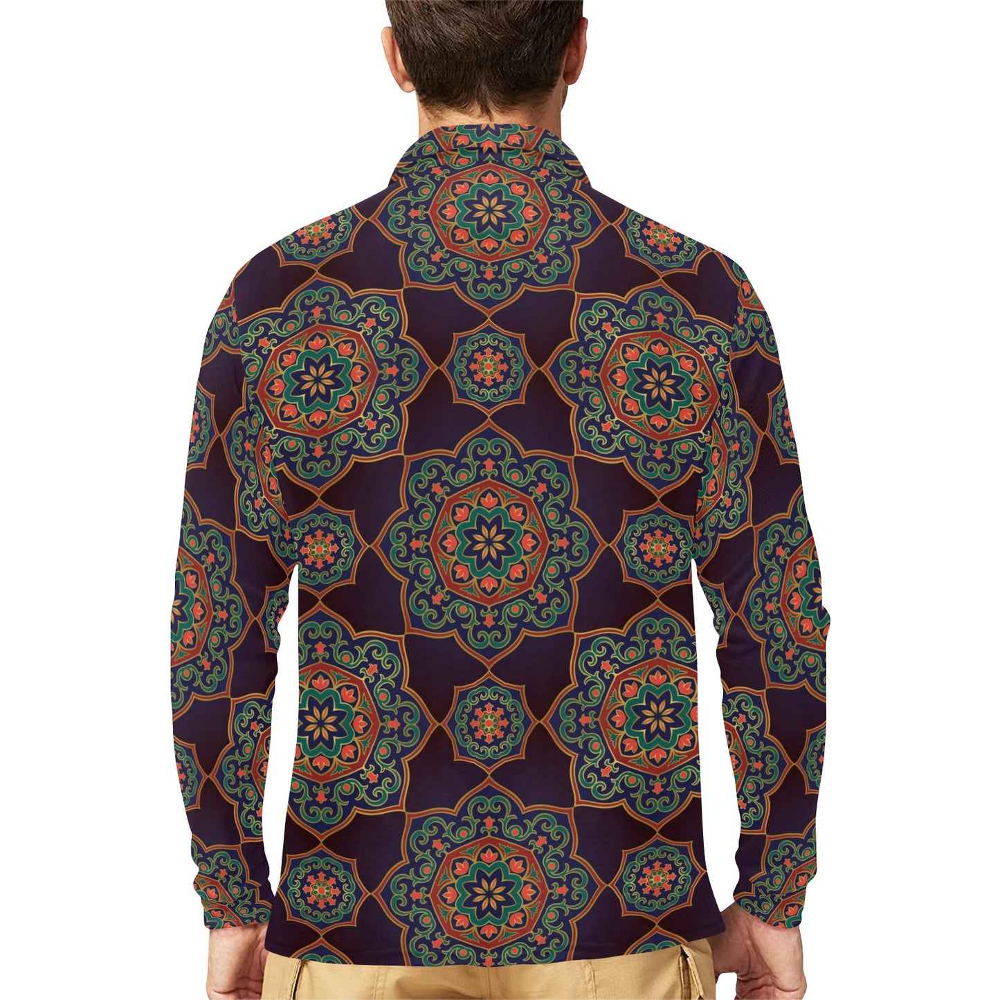 Medallion Pattern Print Design 03 Long Sleeve Polo Shirt For Men's