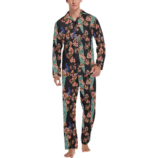 Peacock Pattern Print Design A01 Men's Long Pajama Set