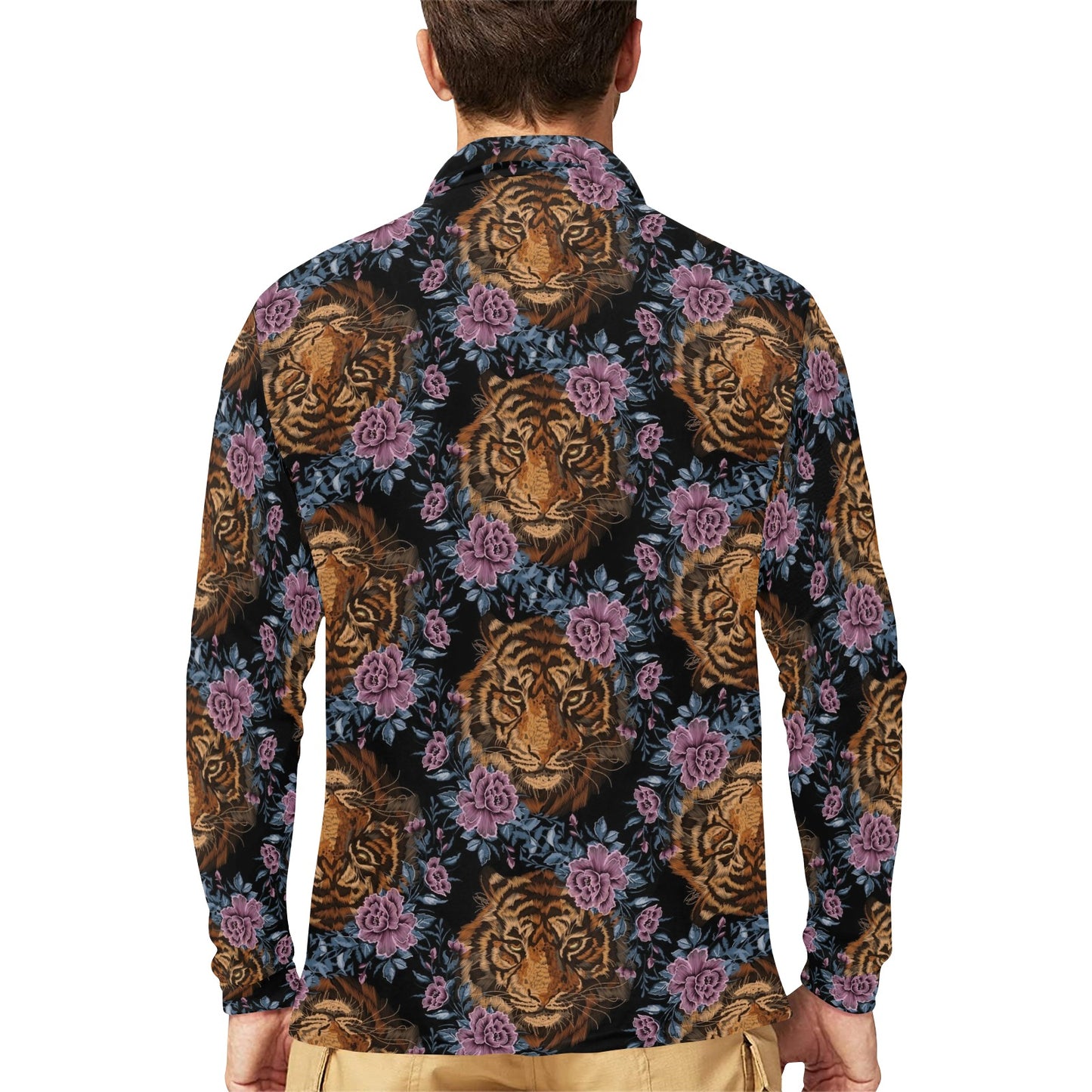 Tiger Head Floral Long Sleeve Polo Shirt For Men's