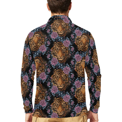Tiger Head Floral Long Sleeve Polo Shirt For Men's