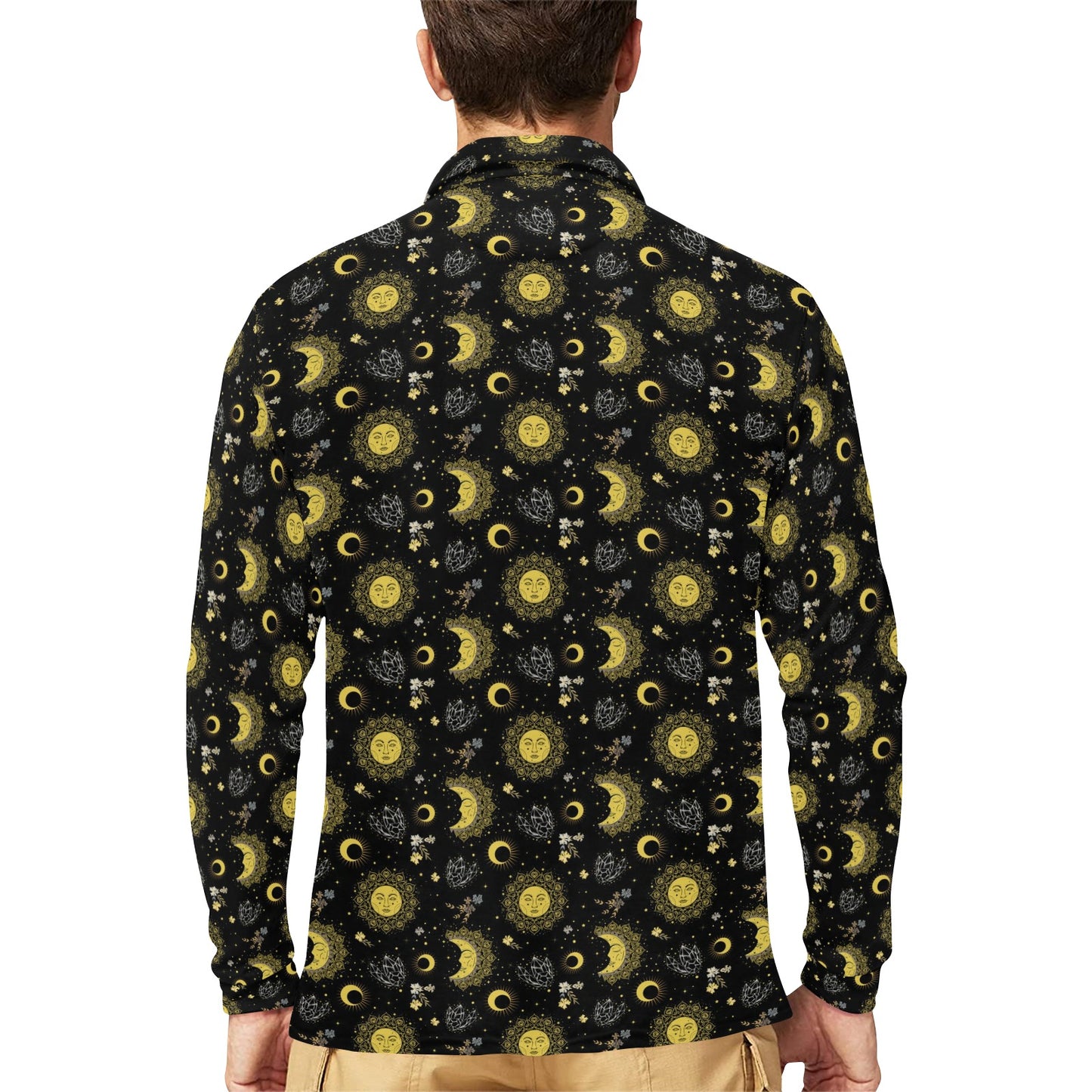 Sun Moon Golden Design Themed Print Long Sleeve Polo Shirt For Men's