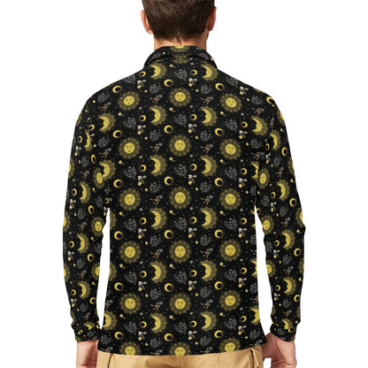 Sun Moon Golden Design Themed Print Long Sleeve Polo Shirt For Men's