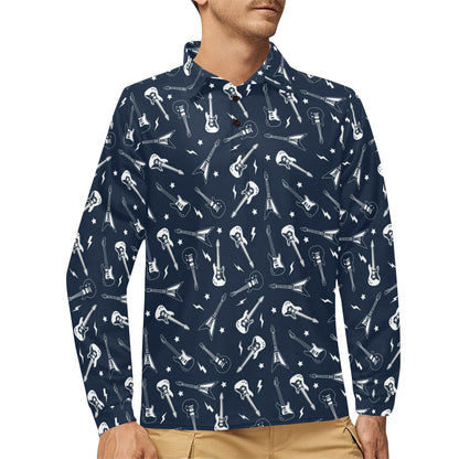 Electric Guitar Print Design LKS402 Long Sleeve Polo Shirt For Men's