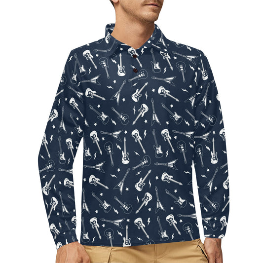 Electric Guitar Print Design LKS402 Long Sleeve Polo Shirt For Men's