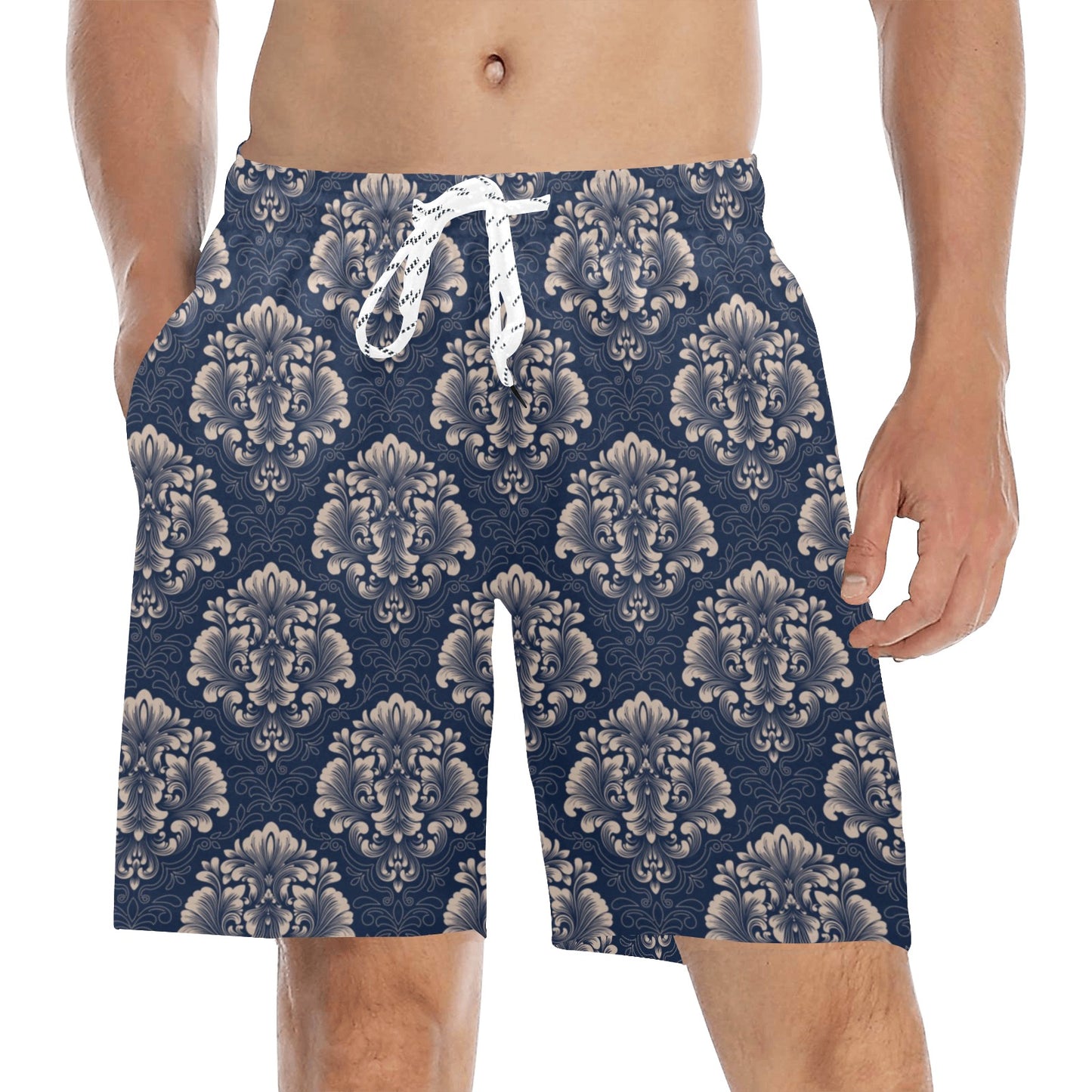 Damask Blue Luxury Print Pattern Men's Swim Trunks Beach Shorts