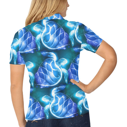 Blue Neon Sea Turtle Print Women's Polo Shirt