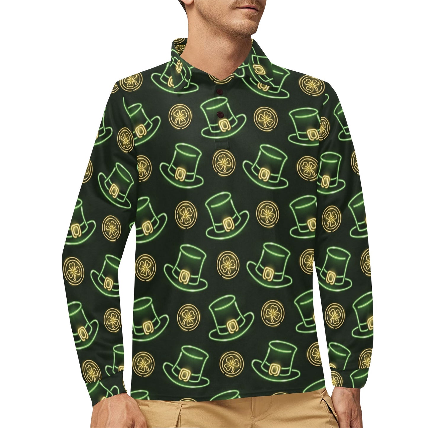 St Patricks Day Print Design LKS308 Long Sleeve Polo Shirt For Men's
