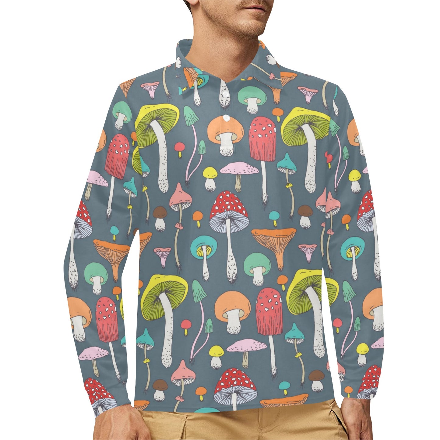 Mushroom Pattern Print Design A03 Long Sleeve Polo Shirt For Men's