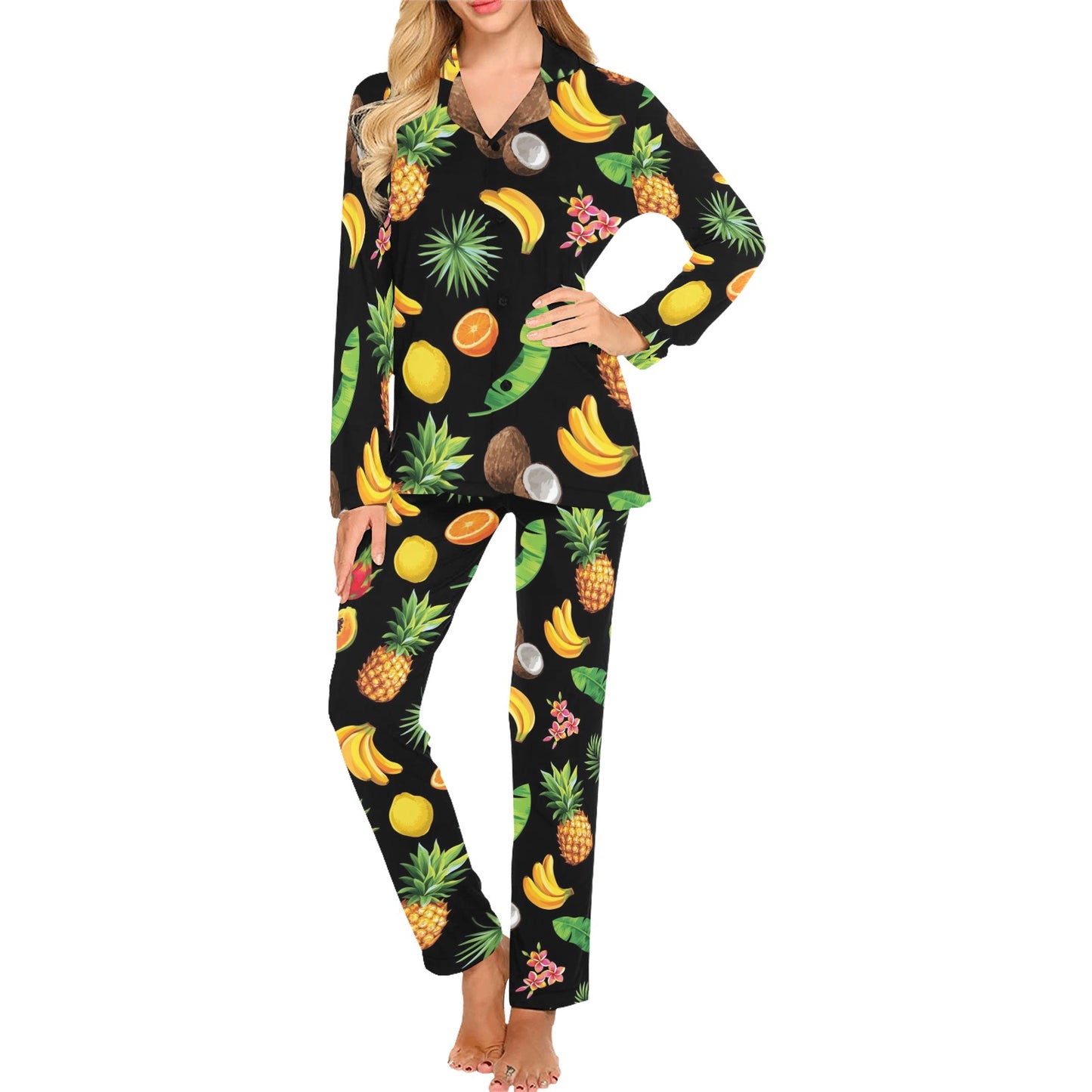 Tropical Fruits Pattern Print Design TF03 Women's Long Pajama Set