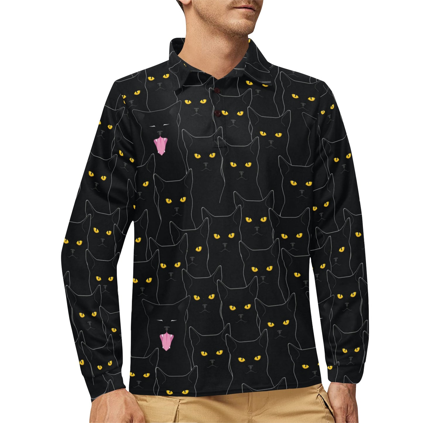 Black Cat Yellow Eyes Print Pattern Long Sleeve Polo Shirt For Men's