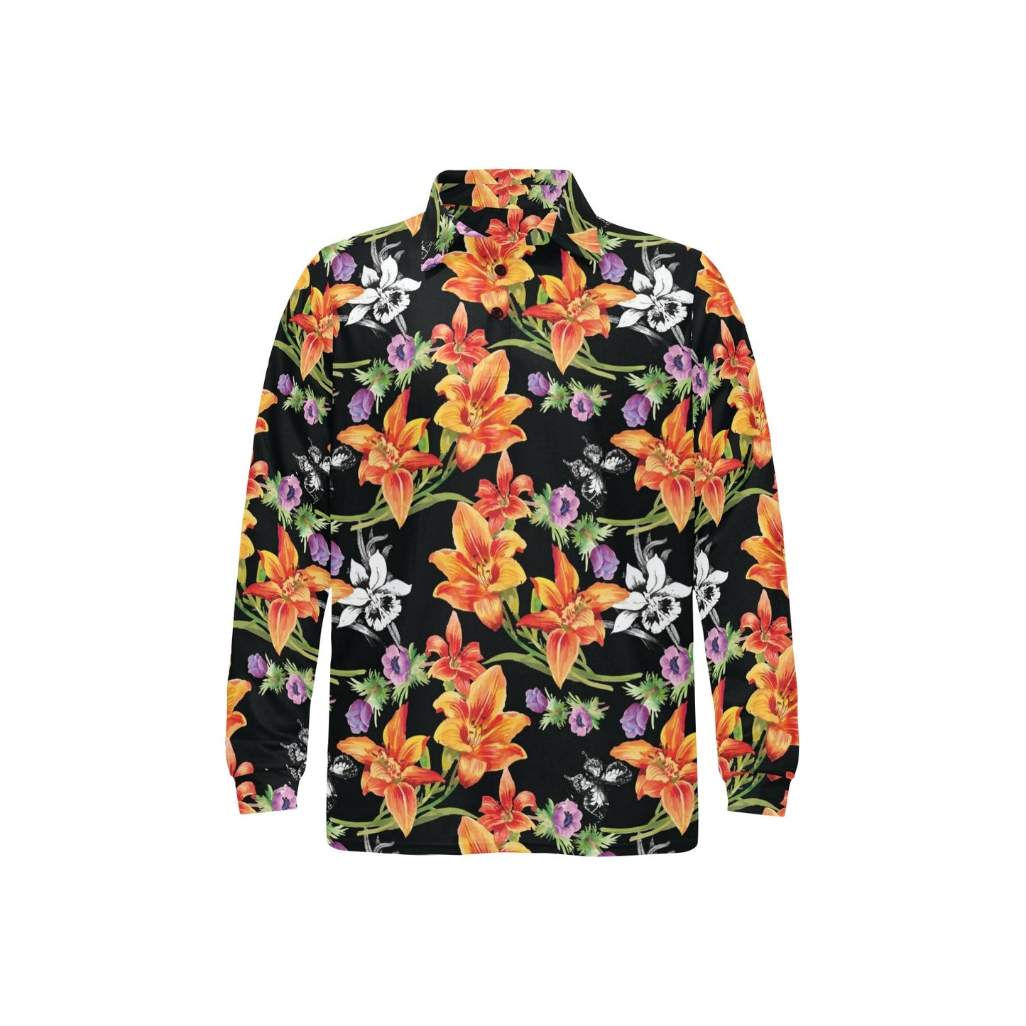Tropical Flower Pattern Print Design TF02 Long Sleeve Polo Shirt For Men's