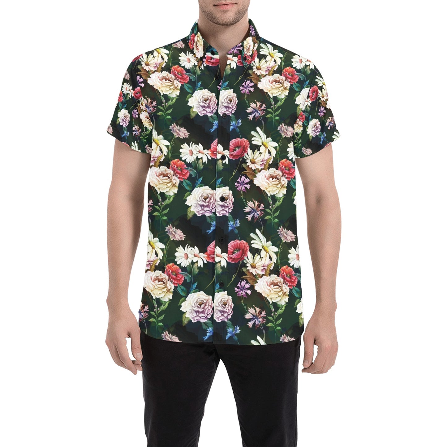 Summer Floral Print Design LKS303 Men Short Sleeve Button Up Shirt