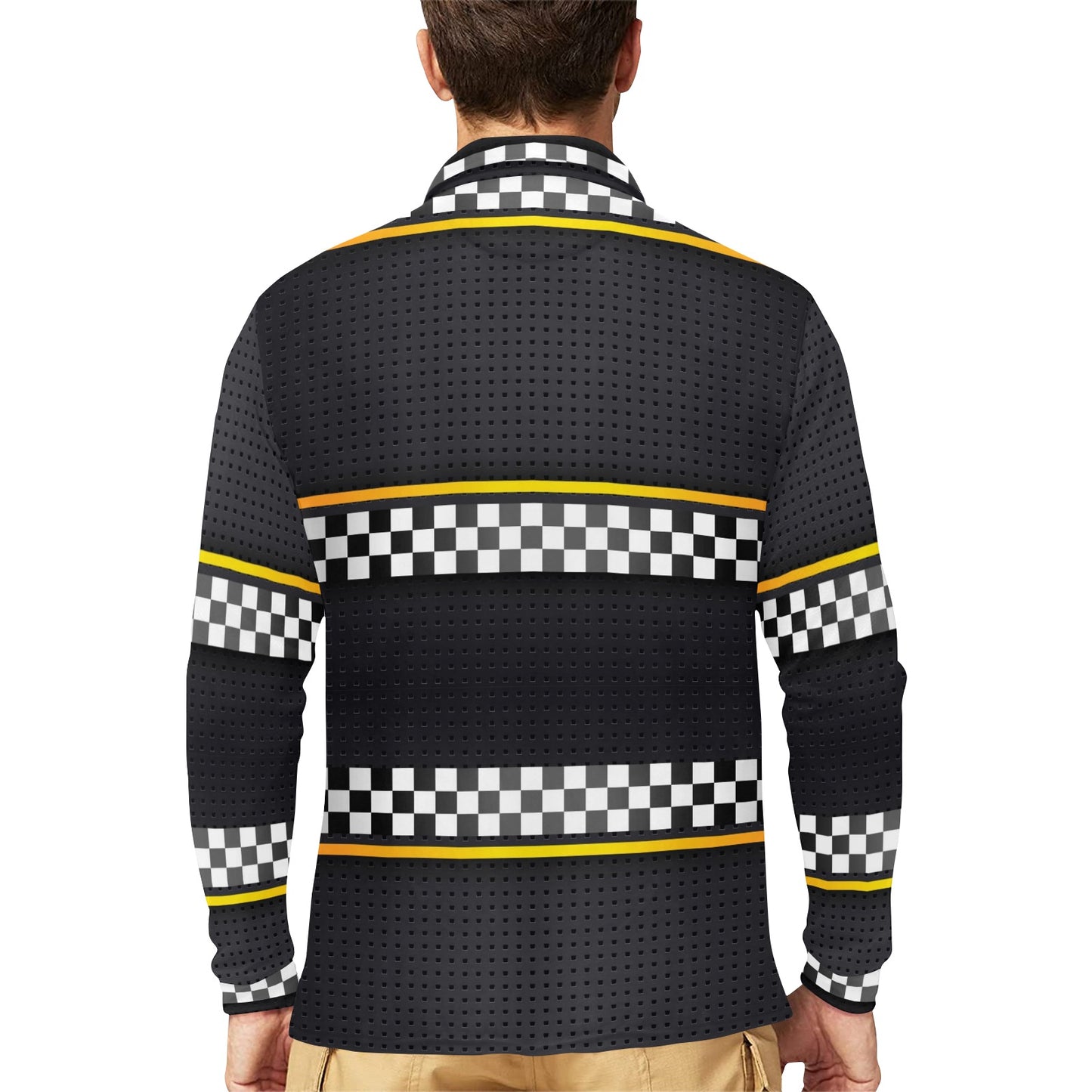 Checkered Flag Yellow Line Style Long Sleeve Polo Shirt For Men's