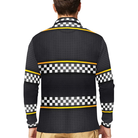Checkered Flag Yellow Line Style Long Sleeve Polo Shirt For Men's