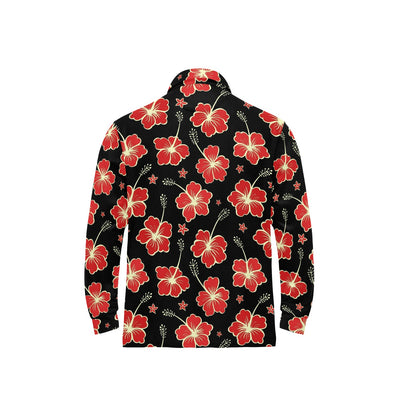 Red Hibiscus Pattern Print Design HB021 Long Sleeve Polo Shirt For Men's