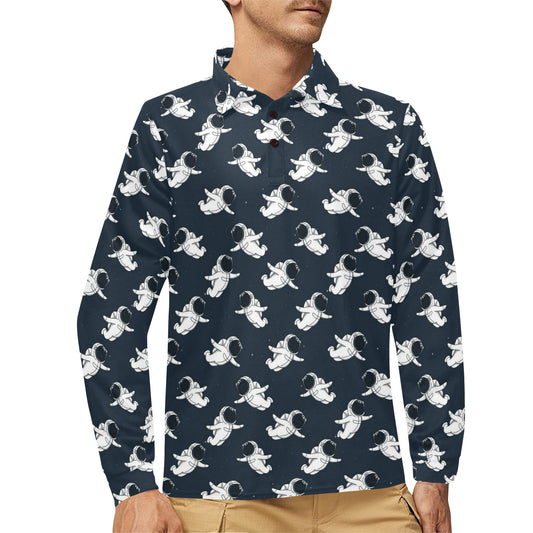 Astronaut Pattern Print Design 02 Long Sleeve Polo Shirt For Men's