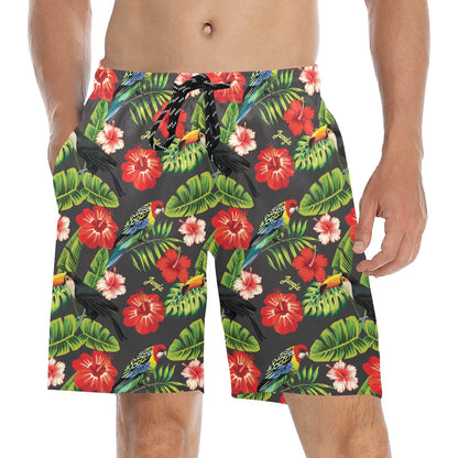 Hibiscus Red With Parrotprint Design LKS303 Men's Swim Trunks Beach Shorts