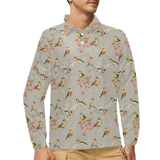 Birds Pattern Print Design 03 Long Sleeve Polo Shirt For Men's