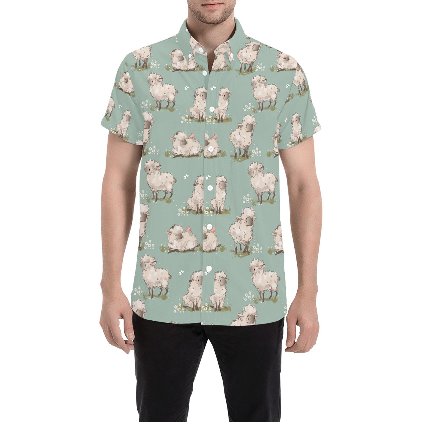 Sheep Print Design LKS405 Men Short Sleeve Button Up Shirt
