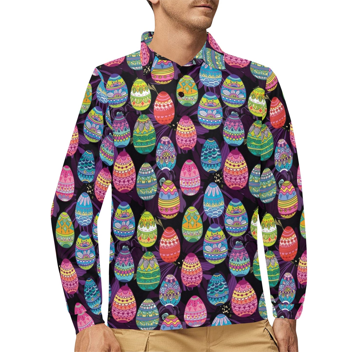 Easter Eggs Pattern Print Design RB08 Long Sleeve Polo Shirt For Men's