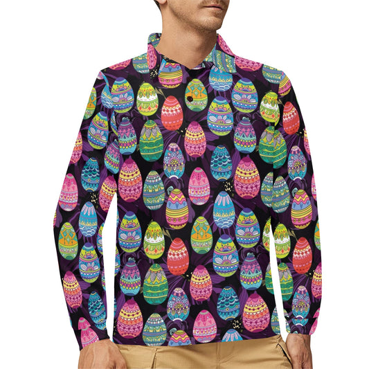 Easter Eggs Pattern Print Design RB08 Long Sleeve Polo Shirt For Men's