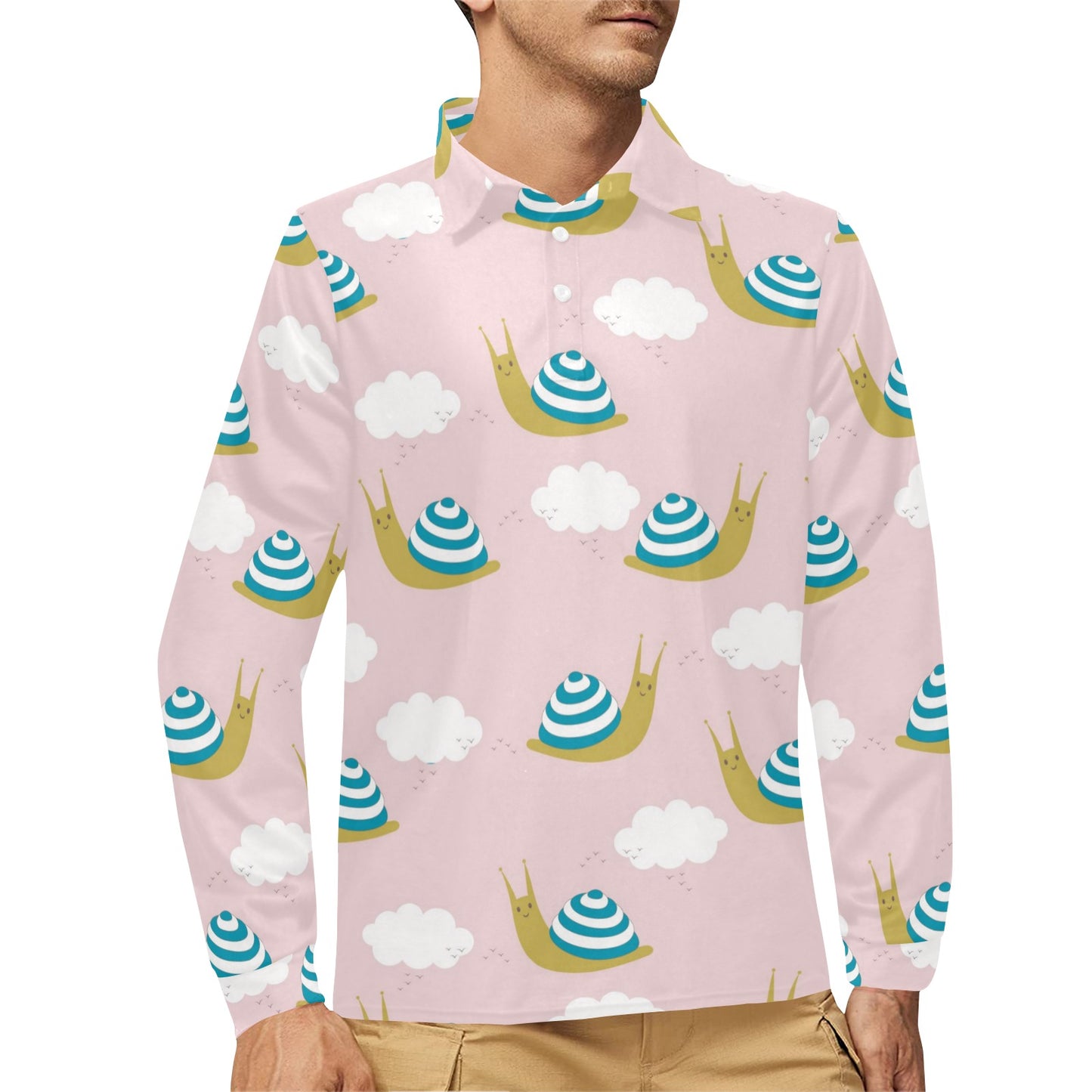 Snail Pattern Print Design 02 Long Sleeve Polo Shirt For Men's