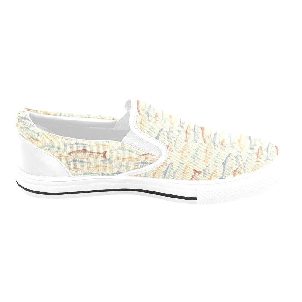 Salmon Fish Print Design LKS302 White Slip Ons Canvas Women's Shoes