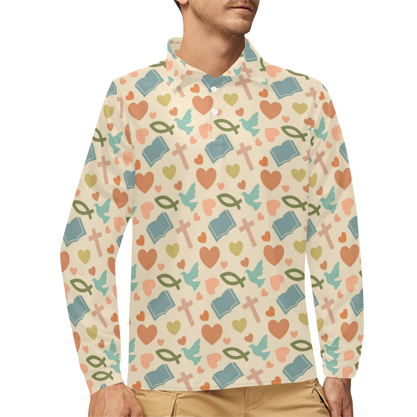 Christian Symbol Pattern Long Sleeve Polo Shirt For Men's