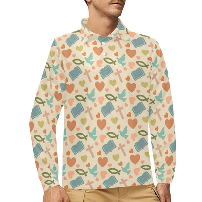 Christian Symbol Pattern Long Sleeve Polo Shirt For Men's