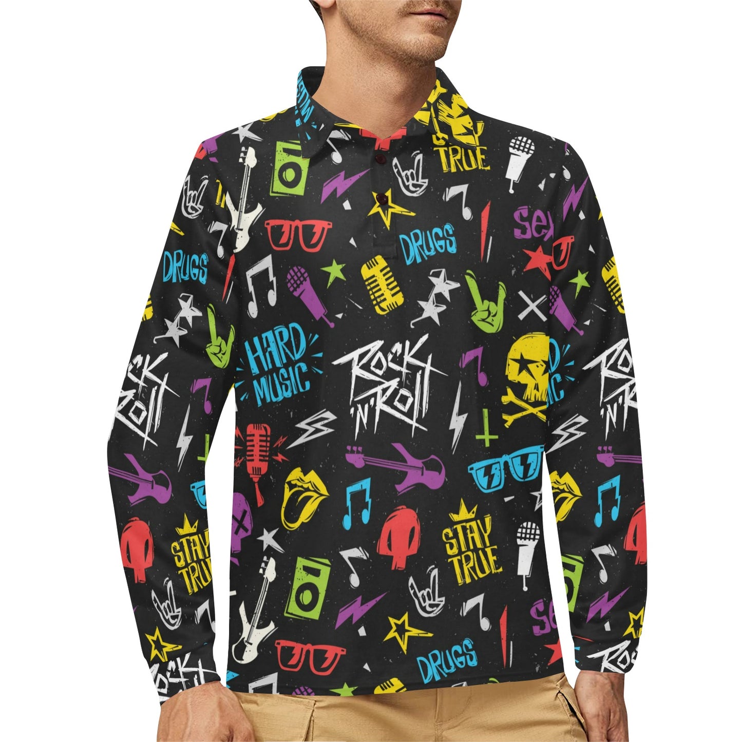 Rock and Roll Pattern Print Design A02 Long Sleeve Polo Shirt For Men's