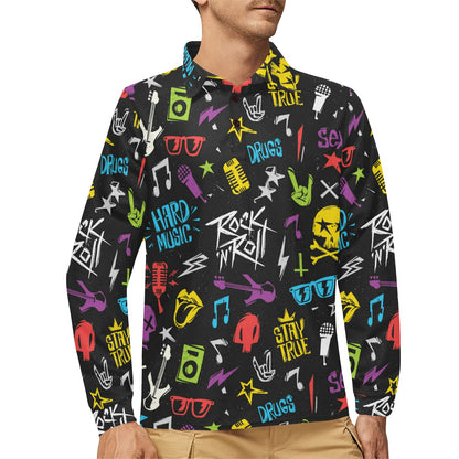 Rock and Roll Pattern Print Design A02 Long Sleeve Polo Shirt For Men's