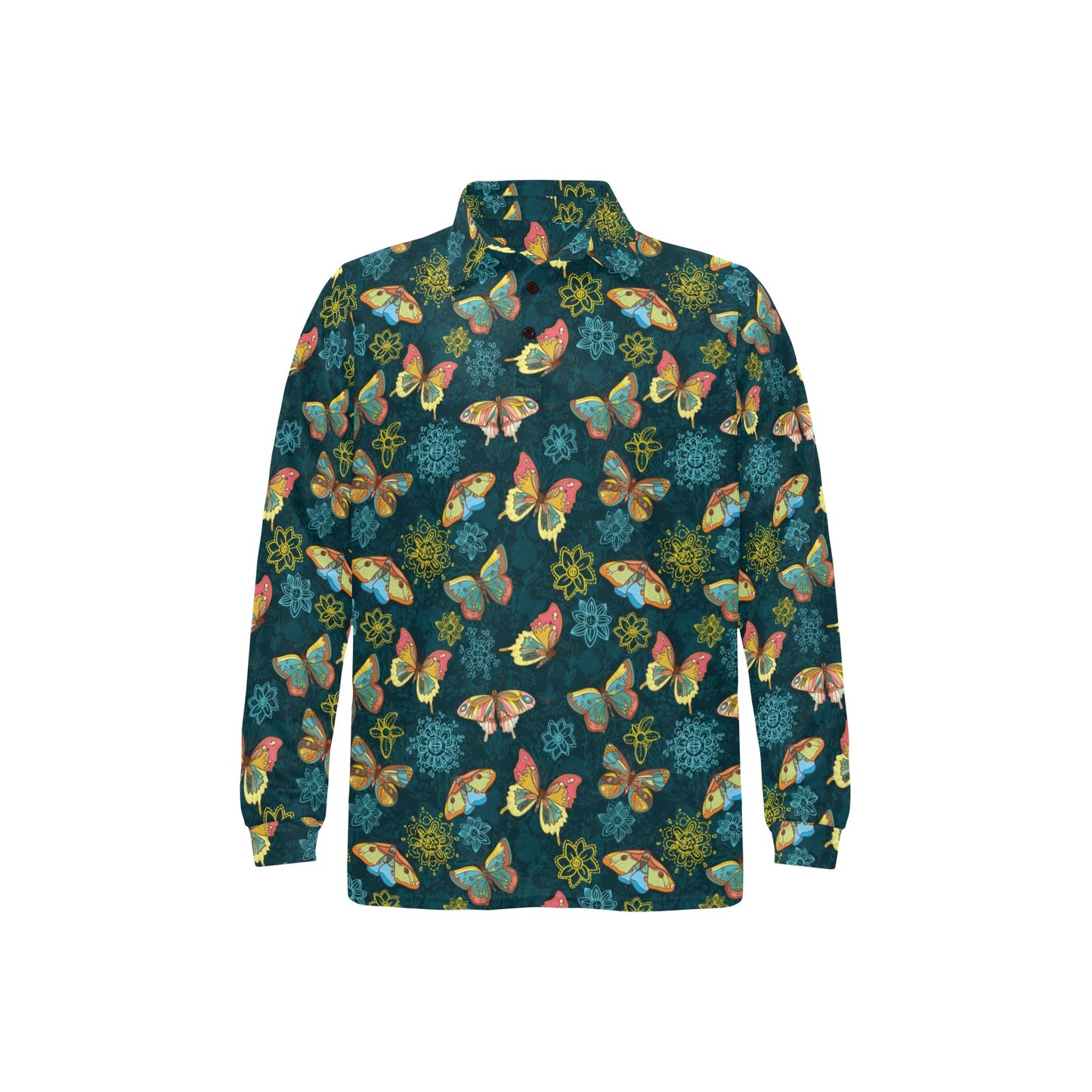 Butterfly Hand Draw Print Pattern Long Sleeve Polo Shirt For Men's