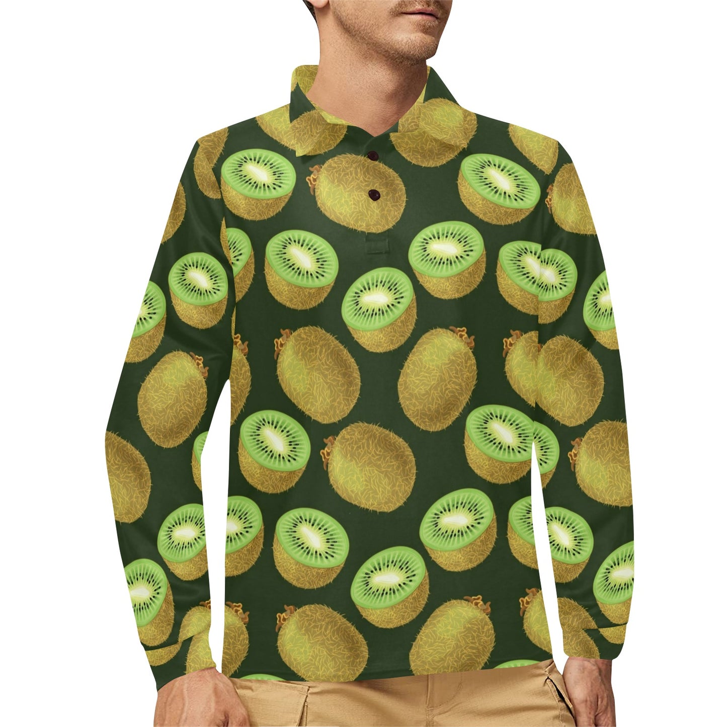 Kiwi Pattern Print Design KW04 Long Sleeve Polo Shirt For Men's