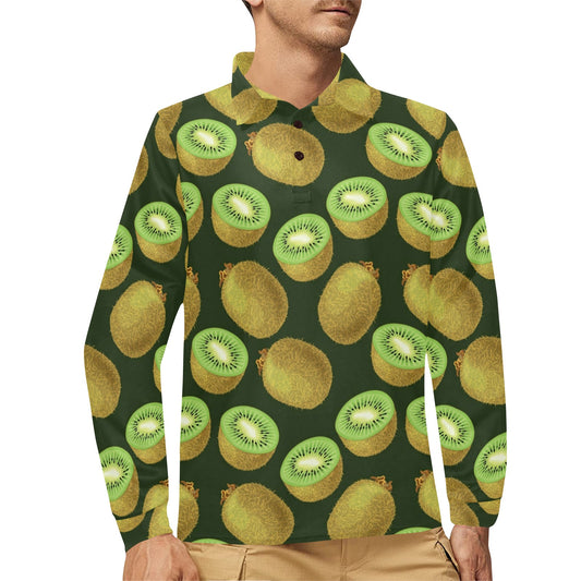 Kiwi Pattern Print Design KW04 Long Sleeve Polo Shirt For Men's