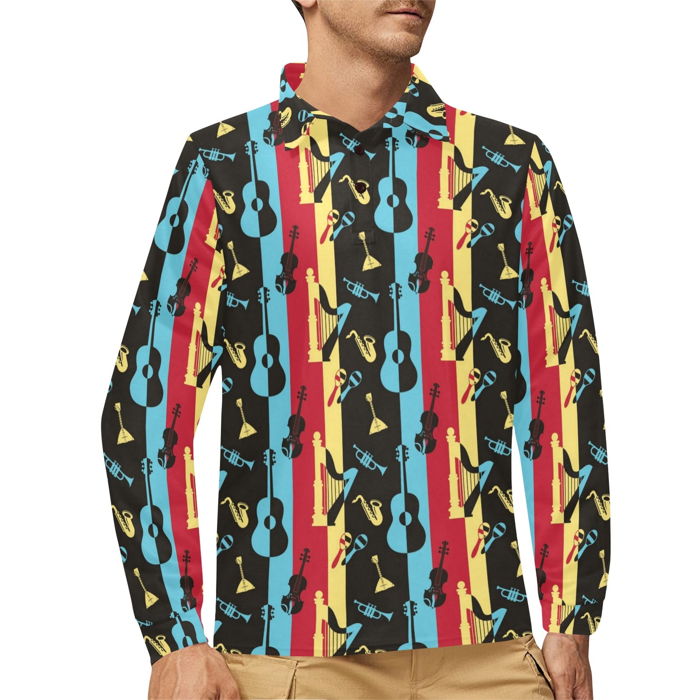 Jazz Pattern Print Design 02 Long Sleeve Polo Shirt For Men's