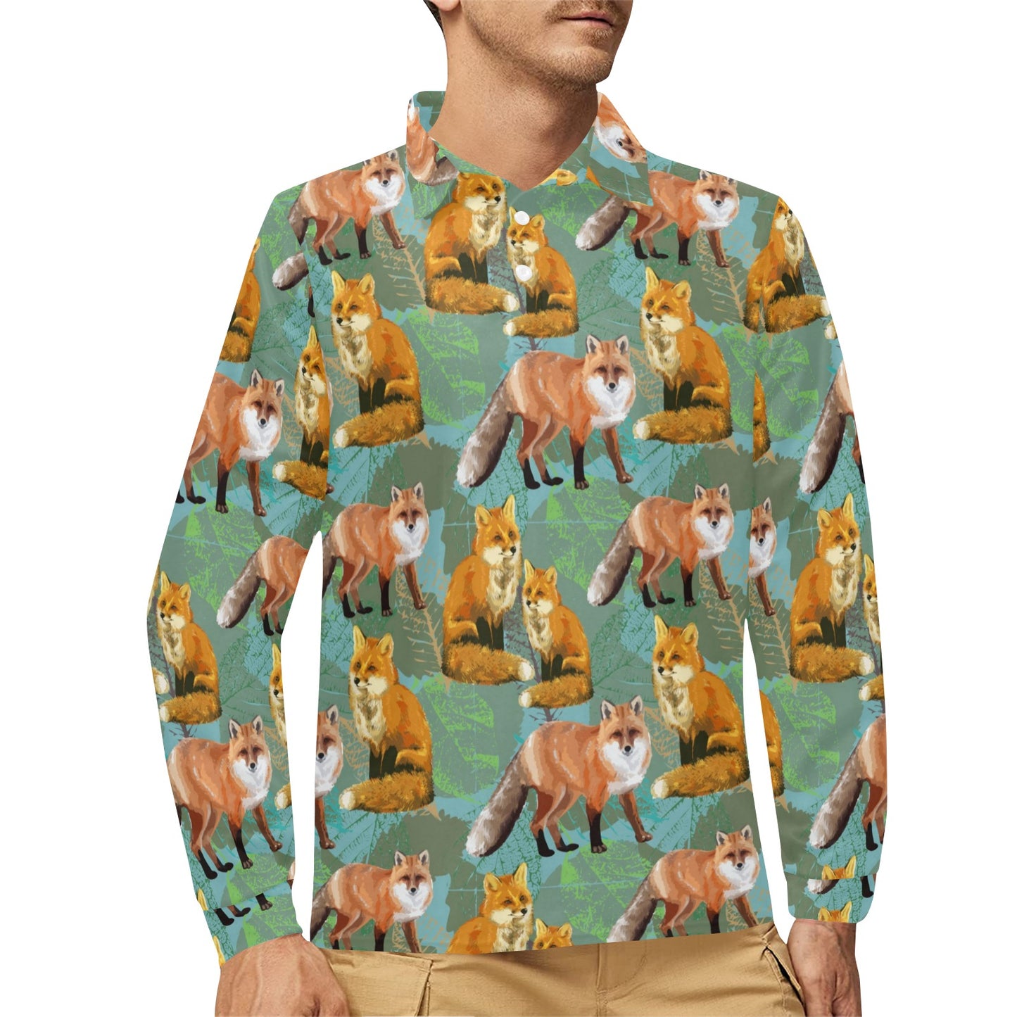 Fox Autumn leaves Themed Long Sleeve Polo Shirt For Men's