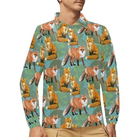 Fox Autumn leaves Themed Long Sleeve Polo Shirt For Men's