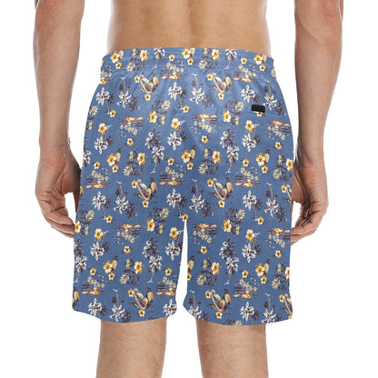 Hawaiian Flower Blue Print Men's Swim Trunks Beach Shorts