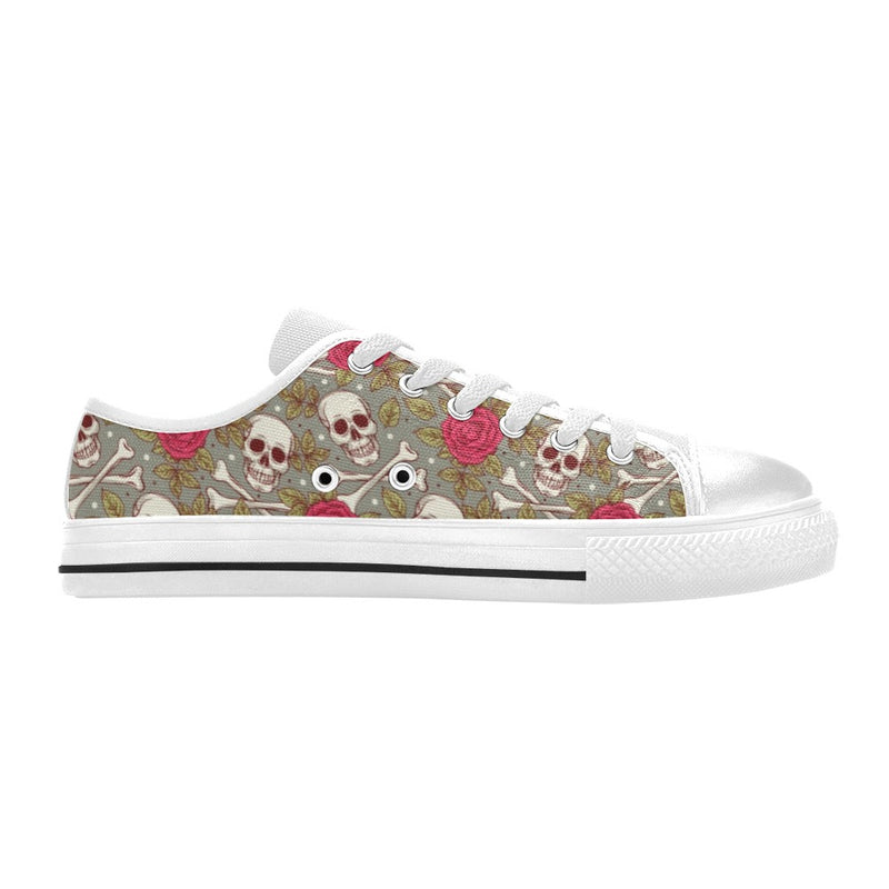 Skull Bone Rose Print Design LKS303 Women's White Low Top Shoes