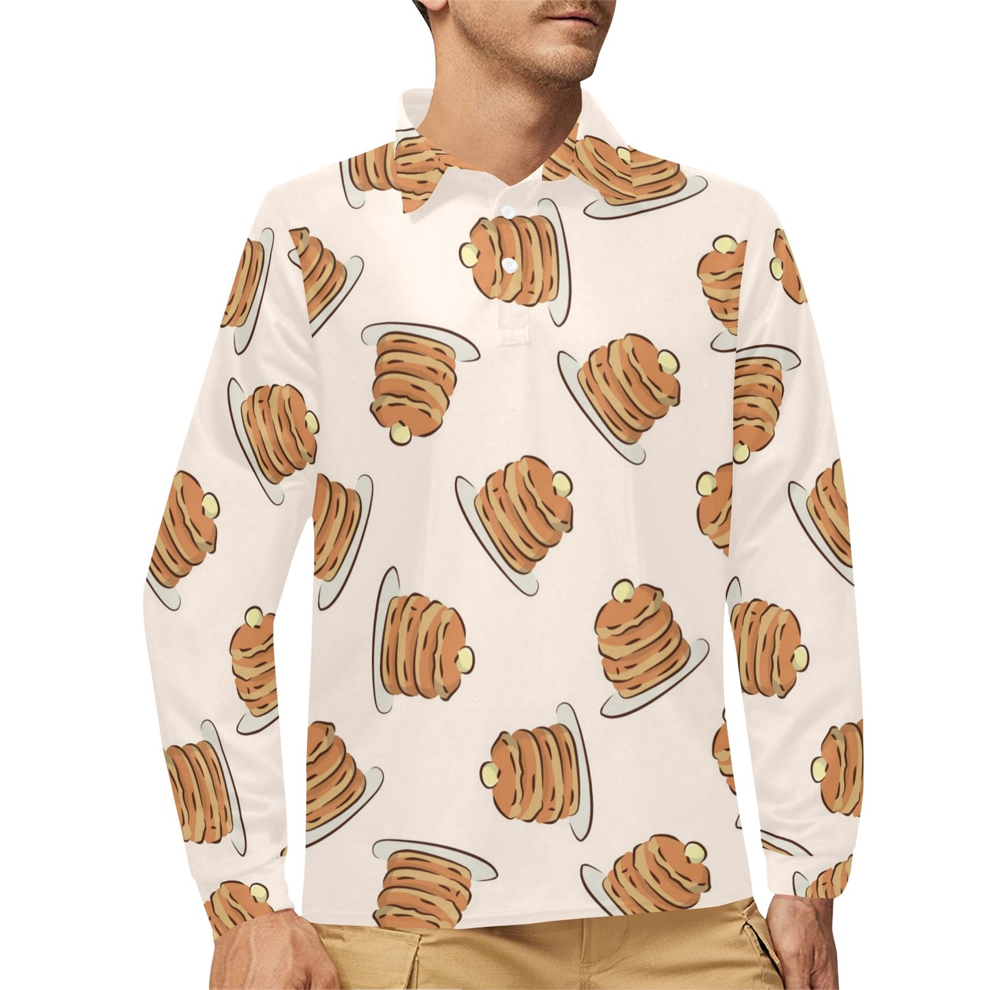 Pancake Pattern Print Design A01 Long Sleeve Polo Shirt For Men's