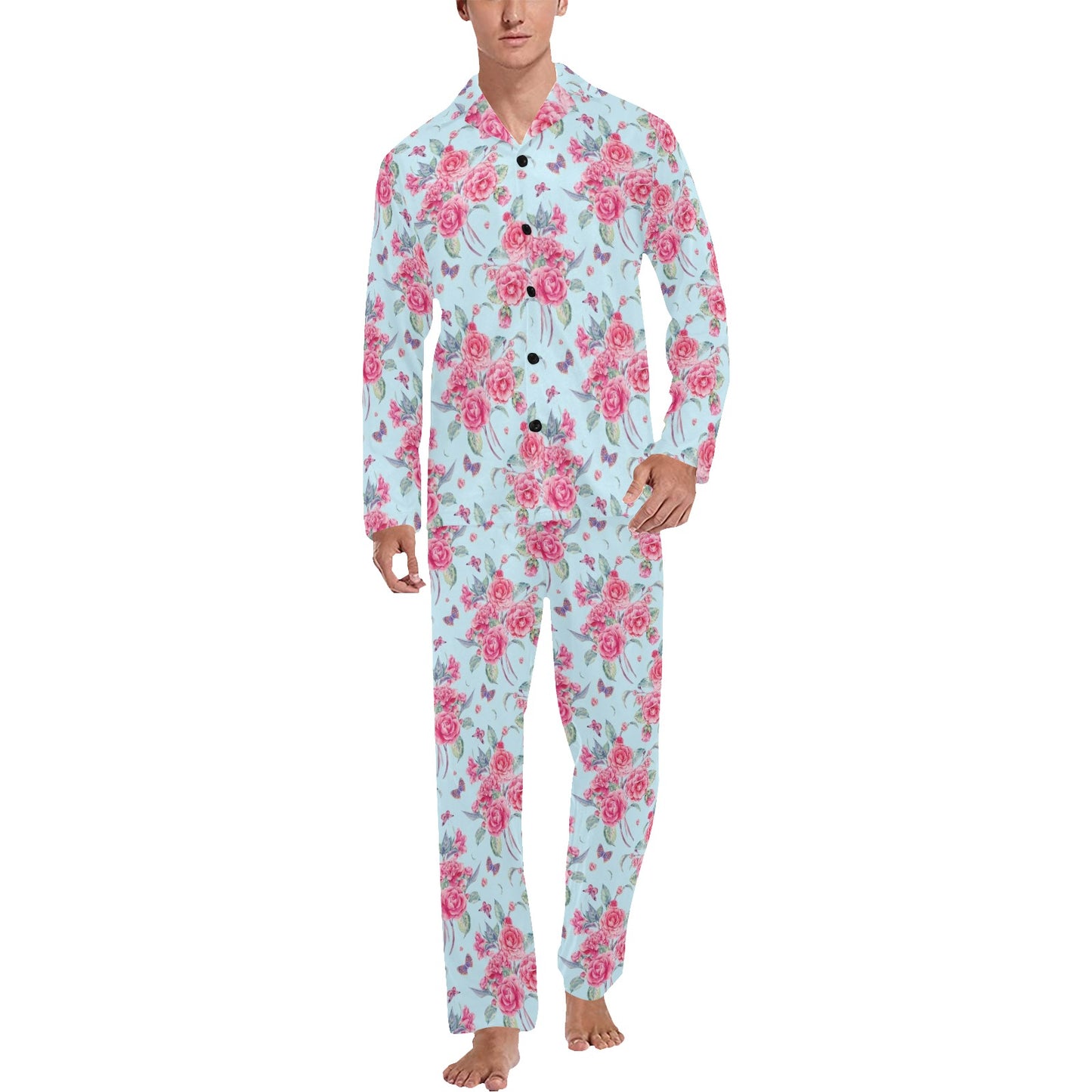 Camellia Pattern Print Design 01 Men's Long Pajama Set