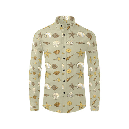 Seashell Beach Print Design LKS303 Men's Long Sleeve Dress Shirt