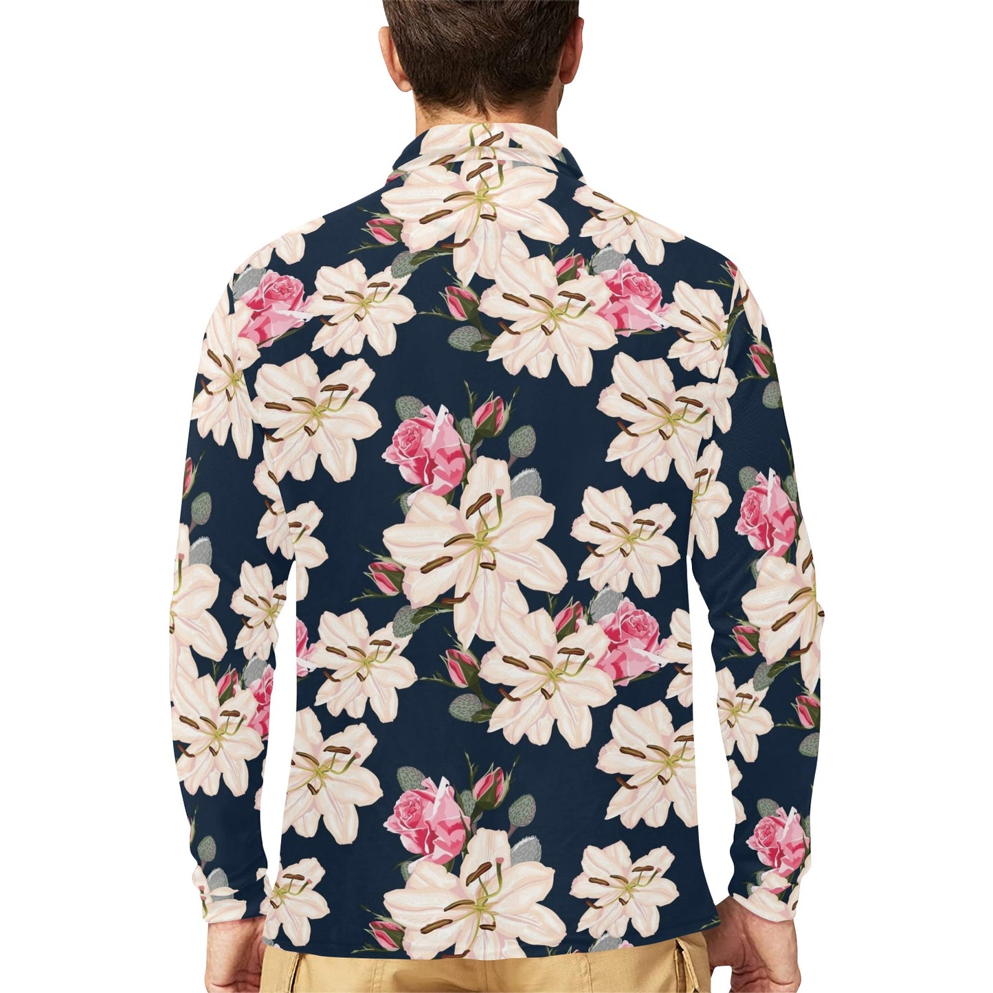 Lily Pattern Print Design LY04 Long Sleeve Polo Shirt For Men's