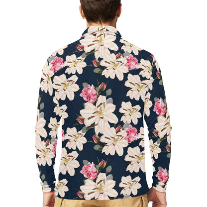 Lily Pattern Print Design LY04 Long Sleeve Polo Shirt For Men's
