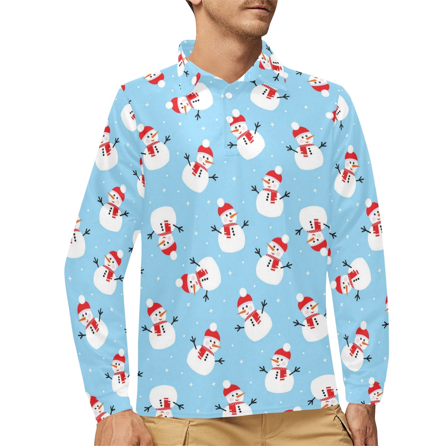 Snowman Print Design LKS305 Long Sleeve Polo Shirt For Men's